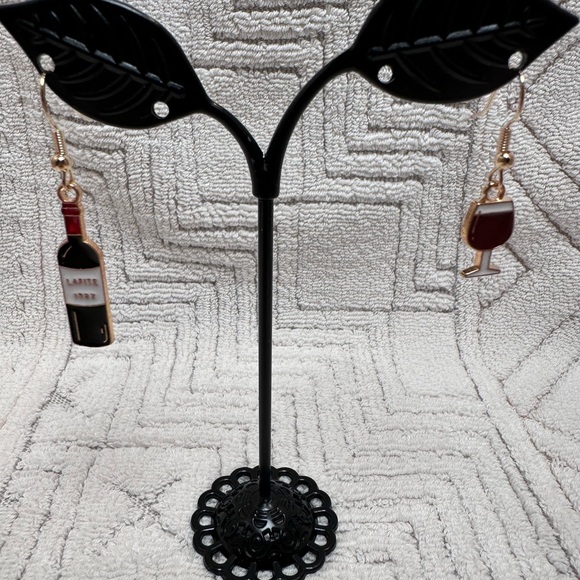 Wine Bottle and Glass Earrings - Red - Picture 2 of 3